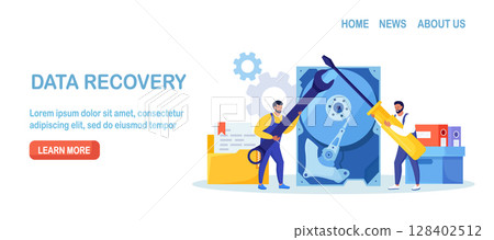 Data recovery service, data storage backup. People in worker uniform repairing HDD. Hardware hard disk repair. Restoration process and protection 128402512
