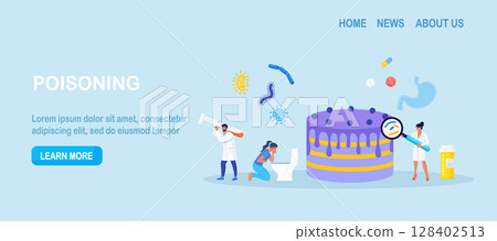 Woman with symptoms of food poisoning is holding a sick stomach. Nausea, intoxication. Inspector doing quality control of food. Food poisoning from poor quality cake. Pathogenic microorganisms Woman with symptoms of food poisoning is holding a sick stomach. Nausea, intoxication. Inspector doing quality control of food. Food poisoning from poor quality cake. Pathogenic microorganisms 128402513