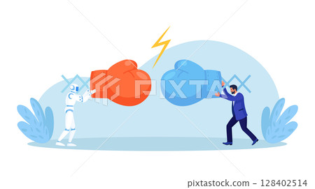 Artificial intelligence vs human. Business competition, conflict. Businessman with the robot collided in battle. People blaming a robot for stealing jobs. Unemployment problem cause by automation Artificial intelligence vs human. Business competition, conflict. Businessman with the robot collided in battle. People blaming a robot for stealing jobs. Unemployment problem cause by automation 128402514