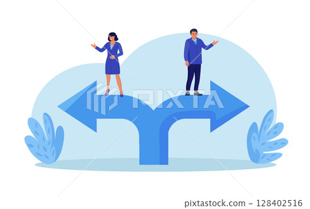 Different business direction, team conflict. Opposite decision, disagreement. Conflict of interest. Business people confrontation. Businessmen standing on arrows in opposite positions Different business direction, team conflict. Opposite decision, disagreement. Conflict of interest. Business people confrontation. Businessmen standing on arrows in opposite positions 128402516