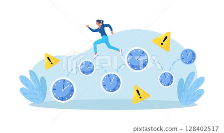 Work time management. Busy business woman is running over watch. Quick response, person rush to do everything on work matters. Time is running out. Deadline, time pressure. Productivity Work time management. Busy business woman is running over watch. Quick response, person rush to do everything on work matters. Time is running out. Deadline, time pressure. Productivity 128402517