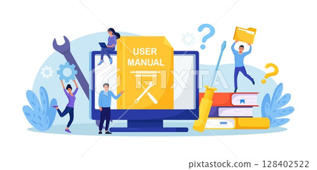 User manual. Customer find answers online in internet. Business person reading user guide or textbook on monitor. Q and A. FAQ and instructions 128402522