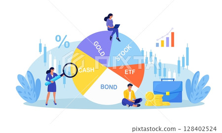 Exchange traded fund, bond, stock, gold. Businessman reviewing diversified investment portfolio. Wealth management, asset allocation. Money question, financial planning. Stock market trading strategy Exchange traded fund, bond, stock, gold. Businessman reviewing diversified investment portfolio. Wealth management, asset allocation. Money question, financial planning. Stock market trading strategy 128402524