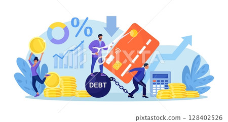 Reduce debt. Banker cuts credit card of borrower with scissors. Money debt deliverance and finance freedom. Businessman helped debtor to solve financial problems. Man freed from monetary obligations 128402526