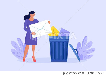 Tiny woman deleting data and move unnecessary files to trash bin. Cleaning digital memory, cleaning e-mail, remove spam. Girl holding envelope with letter or message. User deleting email to waste bin 128402530