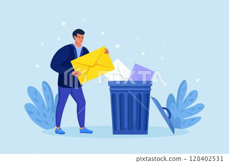 Tiny person deleting data and move unnecessary files to trash bin. Cleaning digital memory, cleaning e-mail, remove spam. Man holding envelope with letter or message. User deleting email to waste bin Tiny person deleting data and move unnecessary files to trash bin. Cleaning digital memory, cleaning e-mail, remove spam. Man holding envelope with letter or message. User deleting email to waste bin 128402531