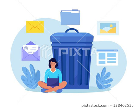 Woman cleaning data files. User removing files or documents to waste bin. Delete file in trash can, removing process, email, folder. Cleaning digital memory 128402533