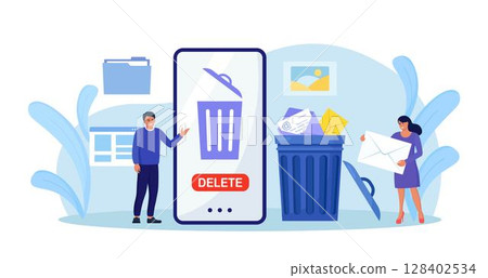 People cleaning mobile phone from trash files. Man and woman deleting documents with software. User removing folder with document, mail, spam to waste bin, cleansing cache 128402534