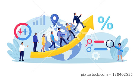 Overpopulation, human crowd density growth on earth. Demographic statistics data for population. Demography and migration. People movement. Social analysis with demographics, culture, ethnicity data 128402535