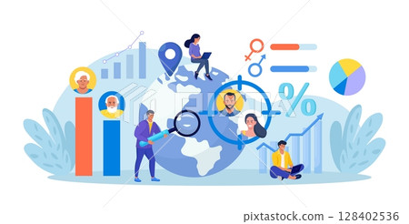 Overpopulation, human crowd density growth on earth. Demographic statistics data for elderly people. Sociology. Demography, migration. Scientist studying population growth, analyze demographics data 128402536
