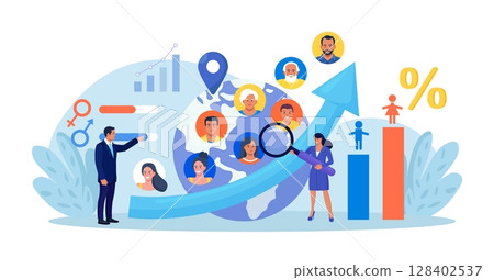 Overpopulation, human crowd density growth on earth. Demographic statistics data for population. Demography and migration. People movement. Social analysis with demographics, culture, ethnicity data 128402537
