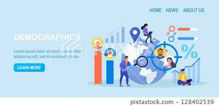 Overpopulation, human crowd density growth on earth. Demographic statistics data for elderly people. Sociology. Demography, migration. Scientist studying population growth, analyze demographics data 128402539