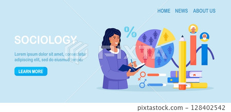 Sociology, demography. Scientist study of society, social relationship and culture. Statistics and sociological survey analysis. Political science and social studies. Social analysis, demographics 128402542