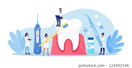 Dentist appointment, stomatology. Dental checkup, teeth care procedures. Teeth whitening and professional cleaning. Cosmetic dentistry. Dentist doctor in uniform treating tooth using medical equipment 128402546