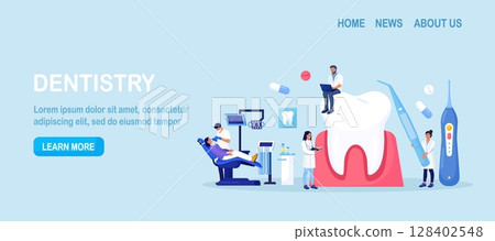 Dentist appointment, stomatology. Dental checkup, teeth care procedures. Teeth whitening and professional cleaning. Cosmetic dentistry. Dentist doctor in uniform treating tooth using medical equipment 128402548