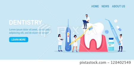 Dentist appointment, stomatology. Dental checkup, teeth care procedures. Teeth whitening and professional cleaning. Cosmetic dentistry. Dentist doctor in uniform treating tooth using medical equipment 128402549