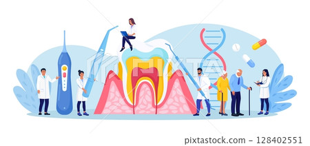 Periodontal disease. Doctor dentist checking tooth, examines patient with periodontitis. Dentistry and healthy teeth. Hygiene oral care. Stomatology. Medical dental checkup. Inflammatory gum disease 128402551