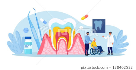 Periodontal disease. Doctor dentist checking tooth, examines patient with periodontitis. Dentistry and healthy teeth. Hygiene oral care. Stomatology. Medical dental checkup. Inflammatory gum disease Periodontal disease. Doctor dentist checking tooth, examines patient with periodontitis. Dentistry and healthy teeth. Hygiene oral care. Stomatology. Medical dental checkup. Inflammatory gum disease 128402552