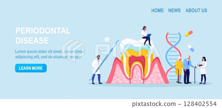 Periodontal disease. Doctor dentist checking tooth, examines patient with periodontitis. Dentistry and healthy teeth. Hygiene oral care. Stomatology. Medical dental checkup. Inflammatory gum disease 128402554