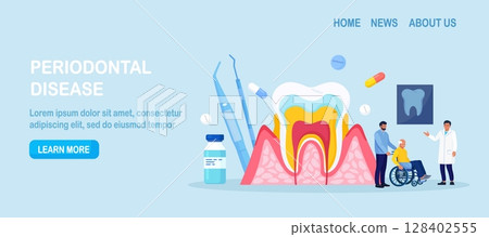Periodontal disease. Doctor dentist checking tooth, examines patient with periodontitis. Dentistry and healthy teeth. Hygiene oral care. Stomatology. Medical dental checkup. Inflammatory gum disease Periodontal disease. Doctor dentist checking tooth, examines patient with periodontitis. Dentistry and healthy teeth. Hygiene oral care. Stomatology. Medical dental checkup. Inflammatory gum disease 128402555