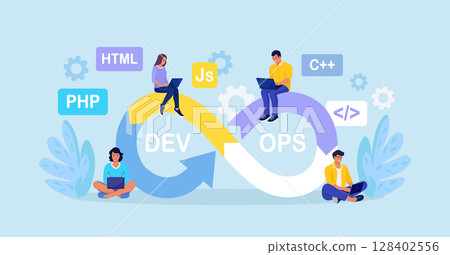 DevOps concept. Programmers practice of development and software operations. Developer working on operations process, technical support, programming code. Programmer using devOps method DevOps concept. Programmers practice of development and software operations. Developer working on operations process, technical support, programming code. Programmer using devOps method 128402556