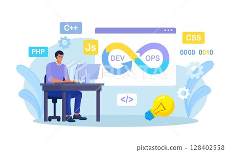 DevOps concept. Programmers practice of development and software operations. Developer working on operations process, technical support, programming code. Programmer using devOps method. Vector design DevOps concept. Programmers practice of development and software operations. Developer working on operations process, technical support, programming code. Programmer using devOps method. Vector design 128402558