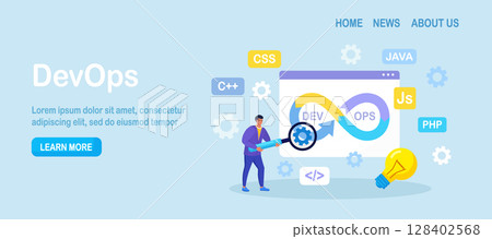 DevOps concept. Continuous process of software administration and production. Programmers practice of development and software operations. Developer working on operations process, programming code 128402568
