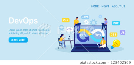 DevOps concept. Programmers practice of development and software operations. Developer working on operations process, technical support, programming code. Programmer using devOps method. Vector design 128402569