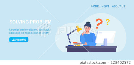 Thinking woman asking questions, searching information. Female character with question marks over head. Solving puzzle or business problem. Choice concept Thinking woman asking questions, searching information. Female character with question marks over head. Solving puzzle or business problem. Choice concept 128402572