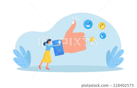 Woman holding big thumb up. Customer review rating or evaluation. People give feedback. Client choice. Business satisfaction support. User experience or satisfaction, opinion for product or services 128402573