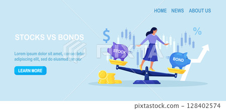 Woman keep calm balancing on scales, choosing between stocks and bonds. Diversify portfolio investments. Passive invest wealth accumulate. Balanced investment strategy. Finance asset allocation 128402574