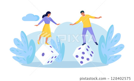 Dice game as risky business choice. Investor man trying to balance himself on spinning unstable dice. Uncertainty, possibility of losing money or make profit from investment. Business risk, gambling Dice game as risky business choice. Investor man trying to balance himself on spinning unstable dice. Uncertainty, possibility of losing money or make profit from investment. Business risk, gambling 128402575
