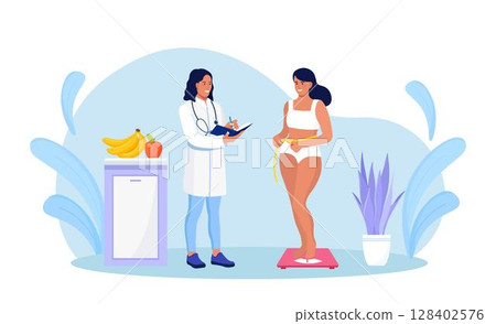 Girl standing on scales. Pretty young woman on diet trying to control body weight. Dietolog doctor make a diet plan for overweight and obese people for weight loss. Healthy Lifestyle, Dieting Concept 128402576