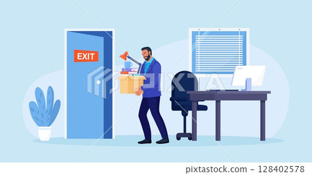 Dismissal, employee replacement. Unhappy man dismissed from job, leave office with stuff in box. Unemployed jobless benefit. Unemployment dismissal of workers. Layoff, crisis, employee job reduction 128402578