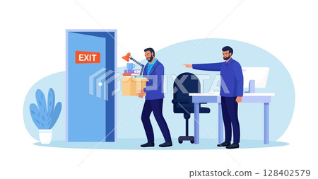 Bankrupt boss dismisses employee. Fired sad person leaves the office with stuff in box in his hands. Financial crisis and unemployment. Dismissal and jobless, layoff. Job loss due to crisis 128402579