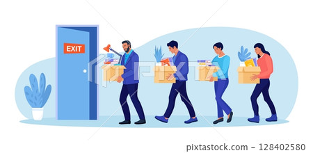 Unhappy Fired People Leaving Office with Stuff in Carton Boxes. Dismissal, Unemployment, Jobless and Employee Job Reduction. Businessman Bankrupt Dismiss Group of Employees. Layoff concept 128402580