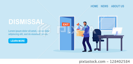 Dismissal, employee replacement. Unhappy man dismissed from job, leave office with stuff in box. Unemployed jobless benefit. Unemployment dismissal of workers. Layoff, crisis, employee job reduction 128402584