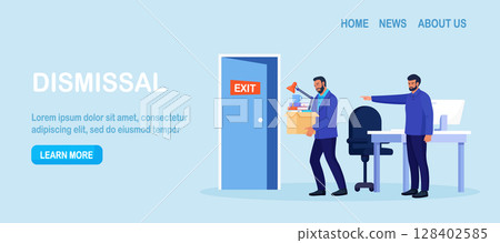 Bankrupt boss dismisses employee. Fired sad person leaves the office with stuff in box in his hands. Financial crisis and unemployment. Dismissal and jobless, layoff. Job loss due to crisis 128402585