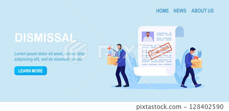 Dismissal, employee replacement. Unhappy man dismissed from job, leave office with stuff in box. CV resume, personal data. Unemployment dismissal of workers. Layoff, crisis, employee job reduction 128402590