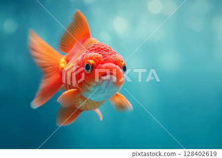 Vibrant Goldfish Swimming Gracefully in Crystal Clear Aquarium Tank Water 128402619
