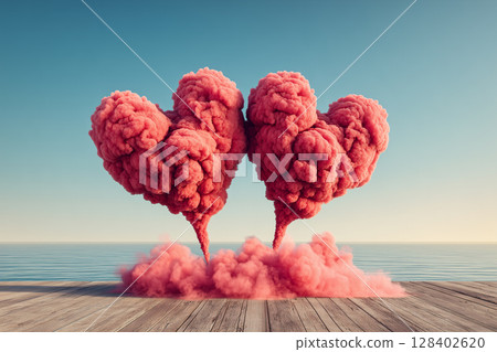 Romantic Clouds in the Shape of Hearts Creating a Dreamy Atmosphere Over Calm Waters 128402620
