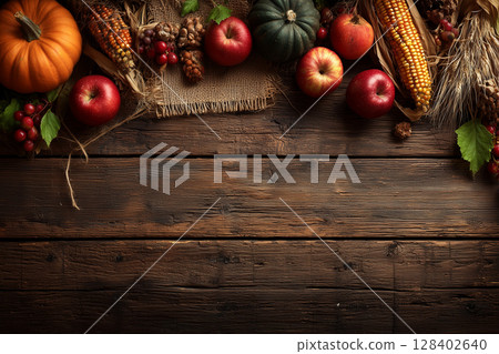 Vibrant Autumn Display with Pumpkins, Apples, Corn, and Decorative Elements for Halloween Theme 128402640