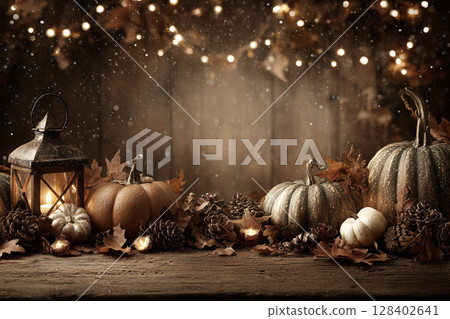 Enchanting Autumn Background with Pumpkins, Lantern, and Warm Lights for Halloween Celebrations 128402641