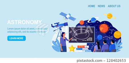 Astronomy, astronomical observation. Pupils at astronomy class in planetarium. Children learning planets, universes. Students studying galaxy through telescope, watching meteors constellation of stars 128402653
