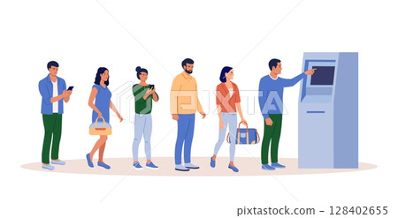 People are waiting in line near ATM machine to withdraw money. Business woman and man are standing in queue. Characters perform financial transactions using ATM terminal in hurry People are waiting in line near ATM machine to withdraw money. Business woman and man are standing in queue. Characters perform financial transactions using ATM terminal in hurry 128402655