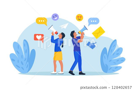 Social Media Promotion and Digital Marketing. People Standing and Use Loudspeaker to Communicate with Audience. Marketing Announcement. PR Agency Teamwork. Content Strategy and Management. Advertising 128402657