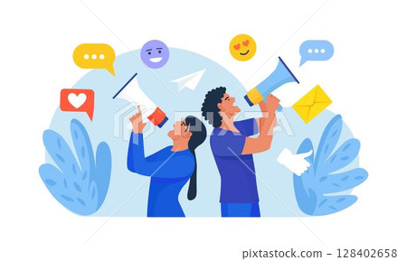 Social Media Promotion and Digital Marketing. People Standing and Use Loudspeaker to Communicate with Audience. Marketing Announcement. PR Agency Teamwork. Content Strategy and Management. Advertising 128402658