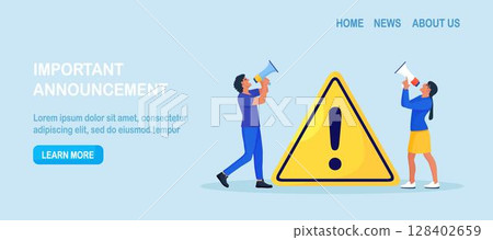 Businessmen holding megaphone with important announcement. Attention or warning information. People shouting breaking news or urgent message, standing near exclamation sign. Marketing and advertising 128402659