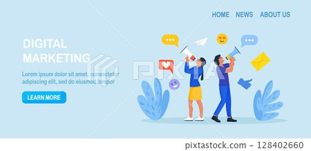 Social Media Promotion and Digital Marketing. People Standing and Use Loudspeaker to Communicate with Audience. Marketing Announcement. PR Agency Teamwork. Content Strategy and Management. Advertising 128402660