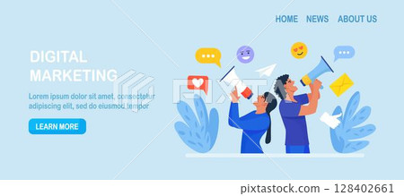 Social Media Promotion and Digital Marketing. People Standing and Use Loudspeaker to Communicate with Audience. Marketing Announcement. PR Agency Teamwork. Content Strategy and Management. Advertising Social Media Promotion and Digital Marketing. People Standing and Use Loudspeaker to Communicate with Audience. Marketing Announcement. PR Agency Teamwork. Content Strategy and Management. Advertising 128402661